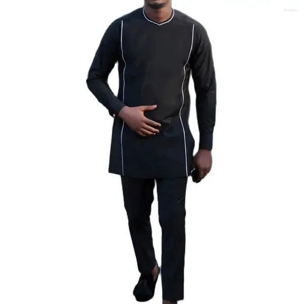 Erkekler Trailsits Dashiki Giysileri Beyaz Hat Baskılı Yuvarlak Boyun Uzun Kollu Erkekler Kıyafet Afrika Etnik Tarz 2 Parçalı Set Gelinlik M-4XL