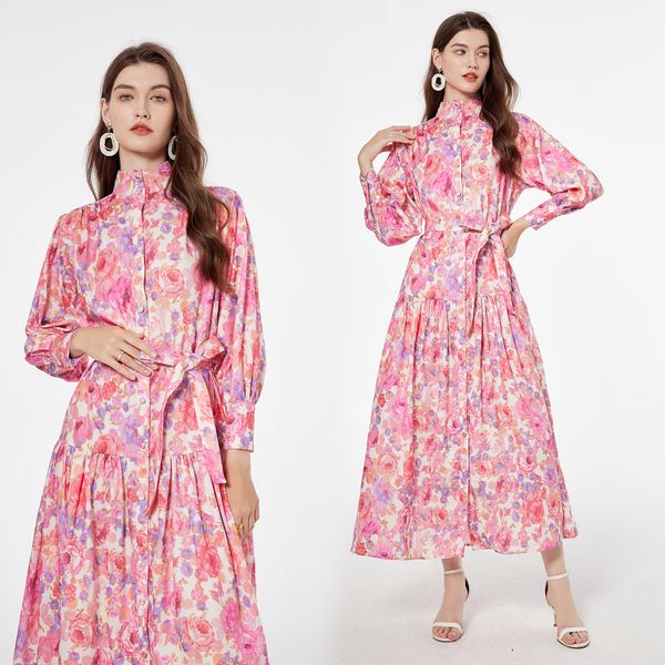 Floral Rosa Boho Maxi Vestido Mulheres Designer Lanterna Manga Bow Lace Up Elegantes Vestidos Longos Férias Robes 2023 Outono Inverno Stand Collar Runway Slim Party Frocks