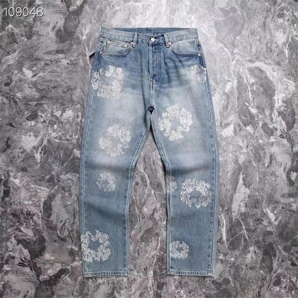 Jeans da uomo versione top Kapok intarsiato a diamante uomo donna pantaloni in denim oversize in tessuto pesante lavato chiaro blu chiaro