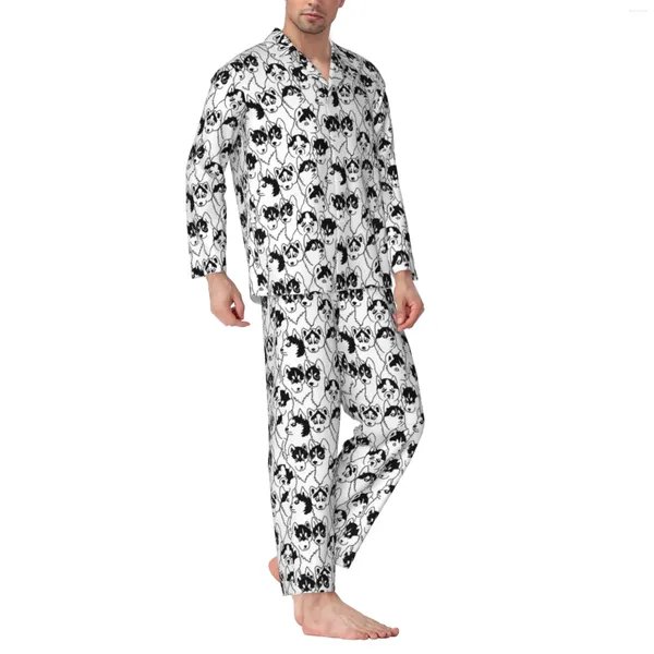 Herren-Trainingsanzüge, Siberian Husky-Langarm-Pyjama-Set mit Baumwoll-Flanell-Herrenhosen und Langarm