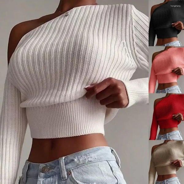 Kadın Sweaters Kadınlar Seksi Omuz Kazak Moda Moda Düz Renk Uzun Kollu Düzleştirilmiş Örme Krallık Kış Jumper Sıradan Tops 2023