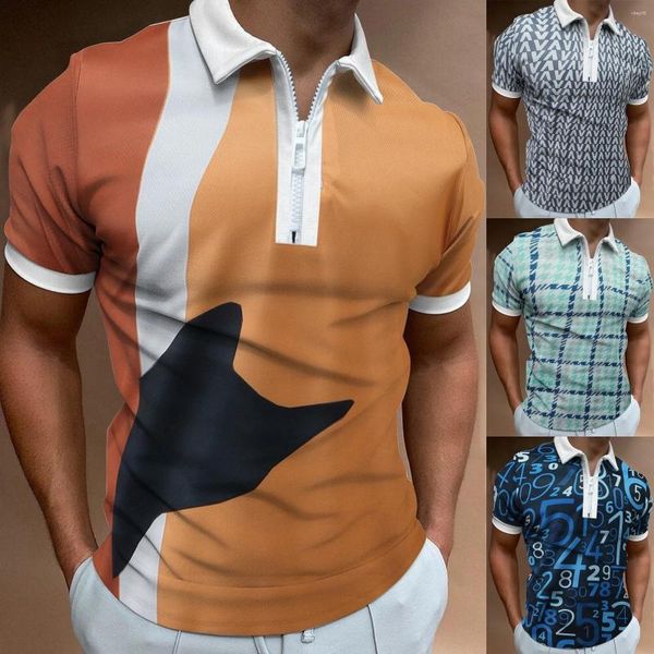 Magliette da uomo Primavera ed Estate Camicia con colletto sottile con cerniera Stampa Camicetta a maniche corte multicolore con risvolto superiore