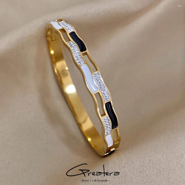 Bangle Greatera Aço Inoxidável Branco Preto Esmalte Strass Charme Pulseira Pulseiras Para Mulheres Banhado A Ouro Pulseiras Irregulares Jóias