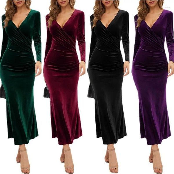 Vestidos casuais europa e os estados unidos com decote em v vestido slim-fit elegante veludo banquete cocktail fishtail noite