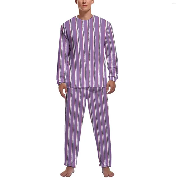 Herren-Nachtwäsche, gestreifter Druck-Pyjama, Frühling, 2 Stück, lila und weiß, modische Pyjama-Sets, langärmlig, ästhetische Grafik für Herren