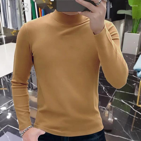 Camiseta masculina meia gola alta magro casual t homme manga longa masculino cor sólida camiseta hombre cashmere em torno do pescoço camisola para