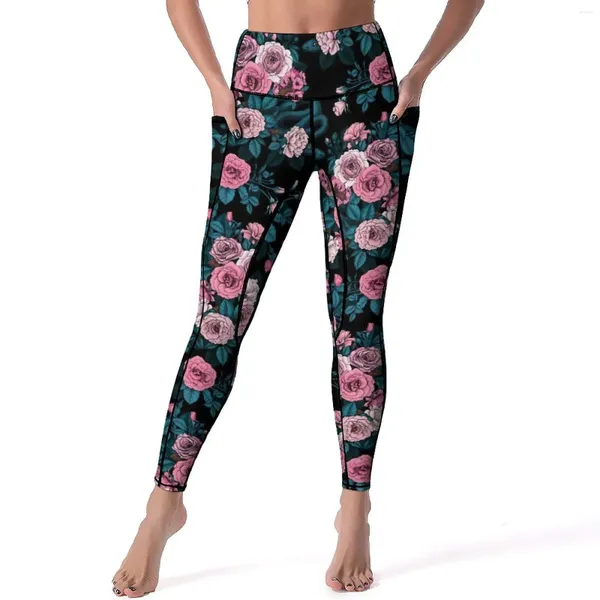 Aktive Hose, Leggings mit Rosen-Blumendruck, Taschen, rosa Blumen, bedruckt, Yoga, Push-Up, Workout-Leggings, süß, dehnbar, Sport
