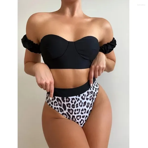 Mulheres de banho sexy maiô banhista cintura alta 2023 mulheres verão plissado brasileiro nadar 2 peças conjunto biquíni leopardo impressão maiô