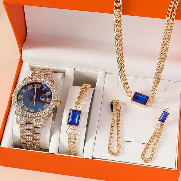 Armbanduhren Frauen Uhr Schmuck Set Großes Zifferblatt Iced Out Quarzuhr Luxus Strass Armbanduhr Kristall Halskette Armband Ohrringe mit Box