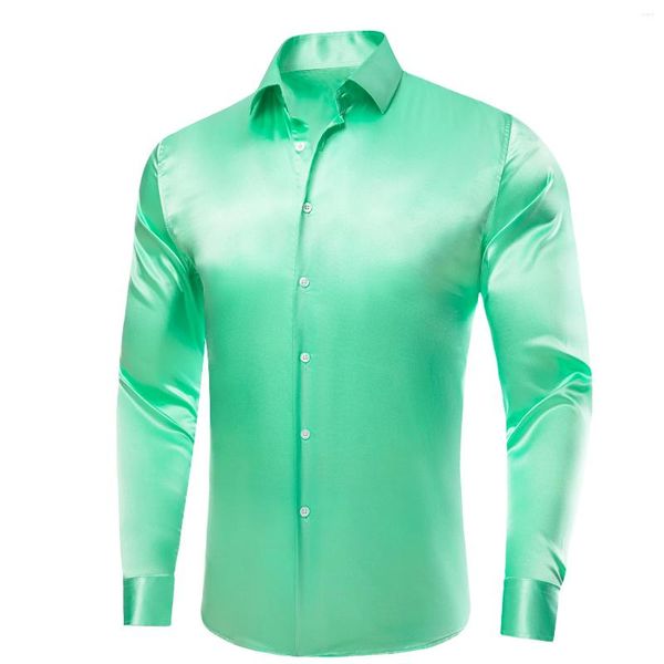 Camisas casuais masculinas Hi-Tie Light Mint Green Plain Silk Mens Lapela Manga Longa Vestido Camisa Blusa Macia para Masculino Formal Casamento Negócio