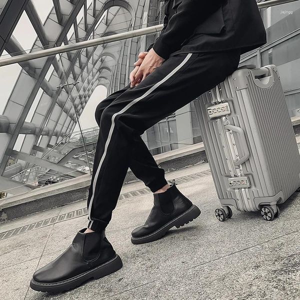 Calças masculinas outono moda listras laterais harem para roupas masculinas todos os jogos magro ajuste casual corredores calças streetwear preto 28-36