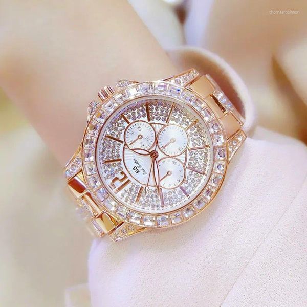 Relógios de pulso relógio para mulheres quartzo três ponteiros moda luxo quadrado completo diamante dial pulseira de aço inoxidável reloj para mujer
