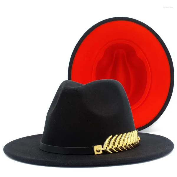 Berets Fedora Chapéus Ampla Brim Chapéu Cinto De Couro Preto Vermelho Duplo Lado Adulto Jazz Feltro Fedoras Cap Trilby Chapeau Caps