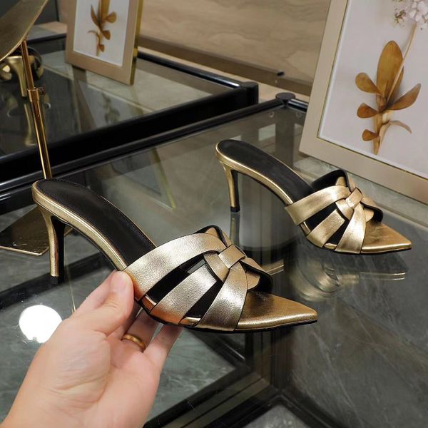 Yeni kadınların yüksek topuklu terlik tasarımcısı deri seksi yaz stiletto sandaletleri ile tel moda parti ayakkabıları tasarımcı topuk yüksekliği 6.5cm