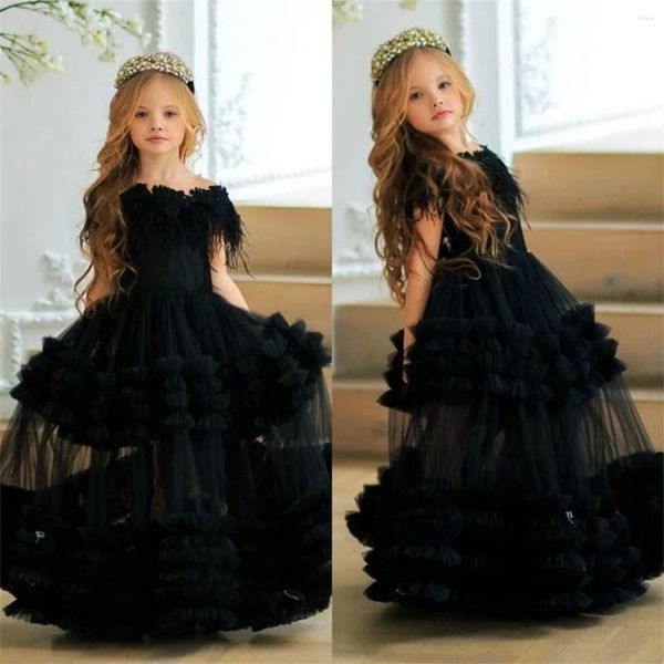 Mädchen Kleider Schwarz Elegantes Blumenkleid Puffy Tüll Feder Für Hochzeit Kinder Geburtstag Party Prinzessin Erstkommunion Ballkleider