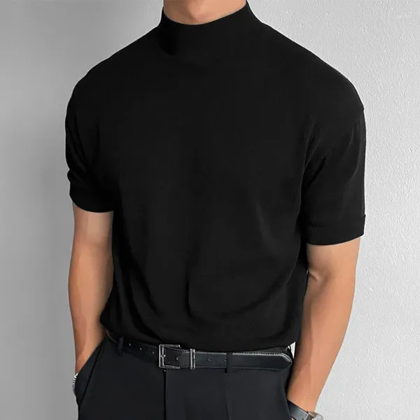 Homens camisetas Casual Turtleneck Manga Curta Homens Moda Cor Sólida Slim Básico Tops Mens Bottom Tee Verão Streetwear Tendência T-shirt