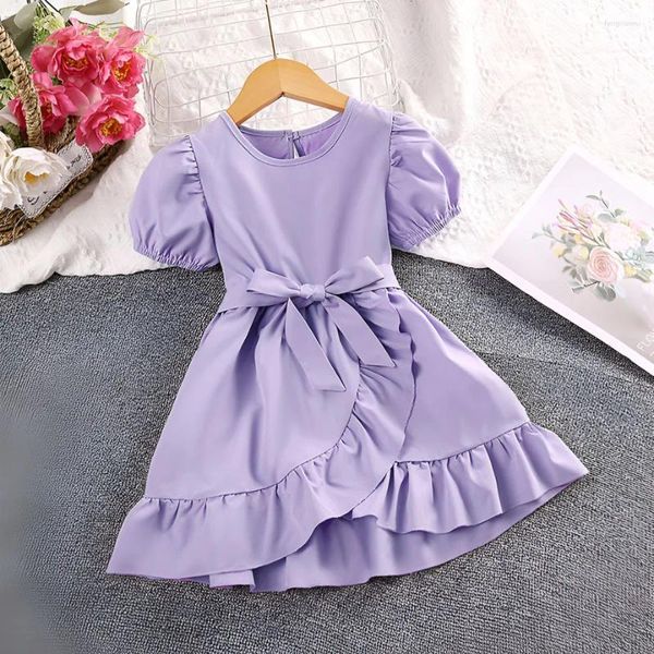 Платья для девочек, летняя детская одежда для девочек от 4 до 7 лет, фиолетовое однотонное платье принцессы с короткими рукавами и круглым вырезом с рюшами, детская мода