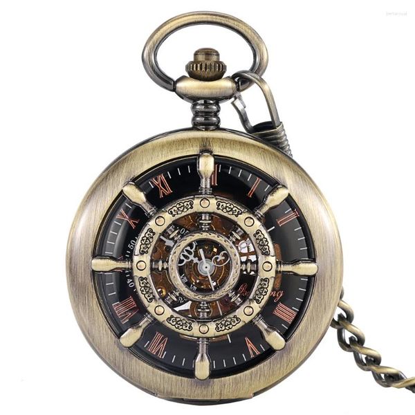 Orologi da tasca in ottone scavato timone stile orologio meccanico manuale numeri romani faccia nera uomo portatile 30 cm ciondolo regalo da donna