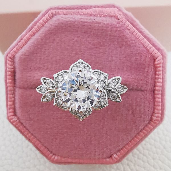 Damen-Luxus-Designer-Ringe runder Moissanit-Diamant, blumenförmig, glänzend, Prinzessin-Ringe, Schmuck, PT950-plattiert, Freundin, Geschenke, Verlobung, Ehering 1912