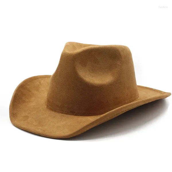 Berretti Uomo Donna Cappello a cilindro in pelle scamosciata Tesa larga arrotolata Cappello da cowboy in feltro color pesca Retro Semplice Fedora da viaggio Gentleman Floppy