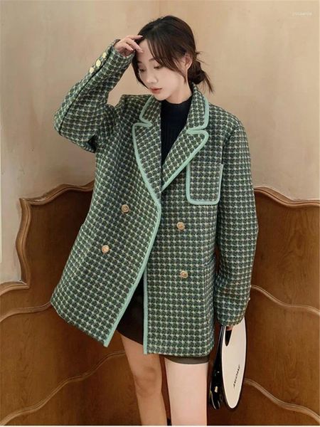 Ternos femininos vintage elegante duplo breasted xadrez blazer jaqueta outerwear 2023 primavera feminino solto estilo coreano casual terno casaco