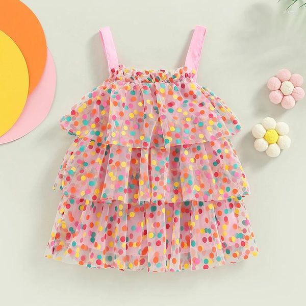 Vestidos da menina 0-4y crianças meninas doce vestido do bebê roupas de verão crianças sem mangas estilingue pontos malha em camadas plissado bolo criança