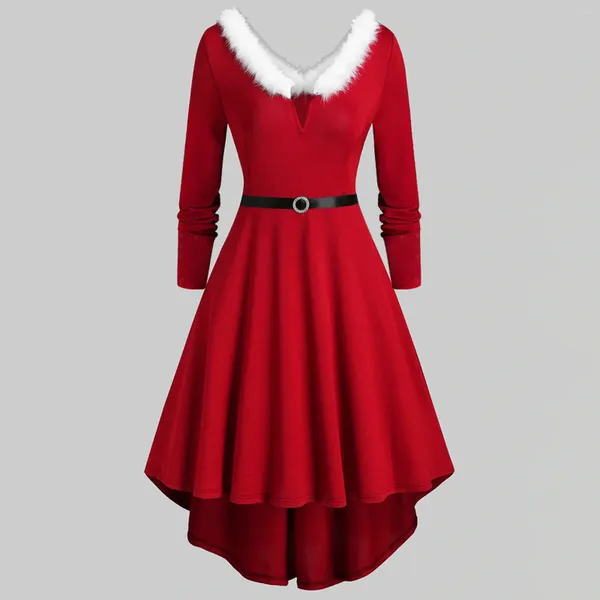 Casual Kleider Frauen Weihnachten Faux-Plüsch Panel Langarm V Kragen Asymmetrische Party Kleid Elegante Temperament Rot Plissee Swing