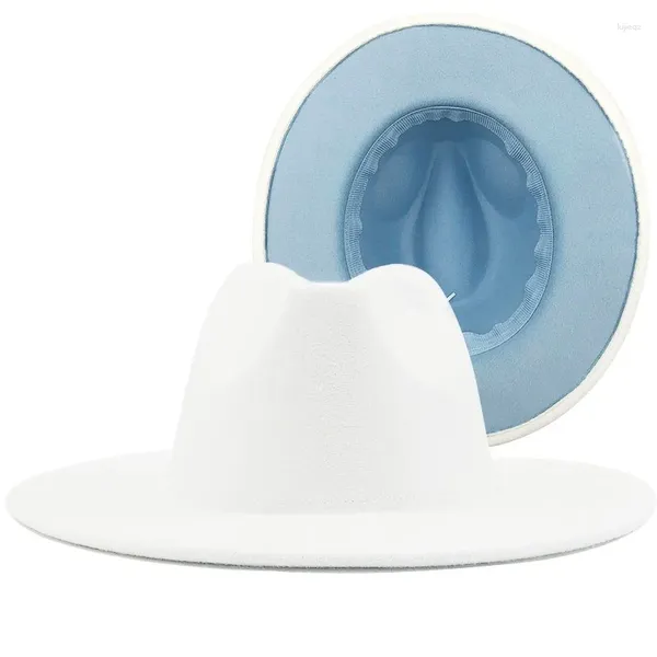 Berretti Bianco Semplice Esterno Interno Cielo Blu Feltro di lana Jazz Cappelli Fedora con fibbia per cintura sottile Uomo Donna Cappello Trilby Panama a tesa larga 56-60 cm