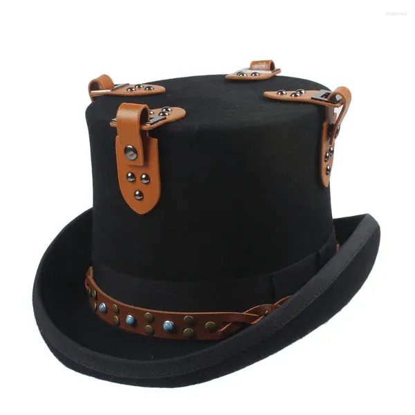 Berets Preto Steampunk Top Hat Lã Mulheres Homens Artesanais Engrenagem Millinery Fedora Goggles Party Cosplay Cap S M L XL