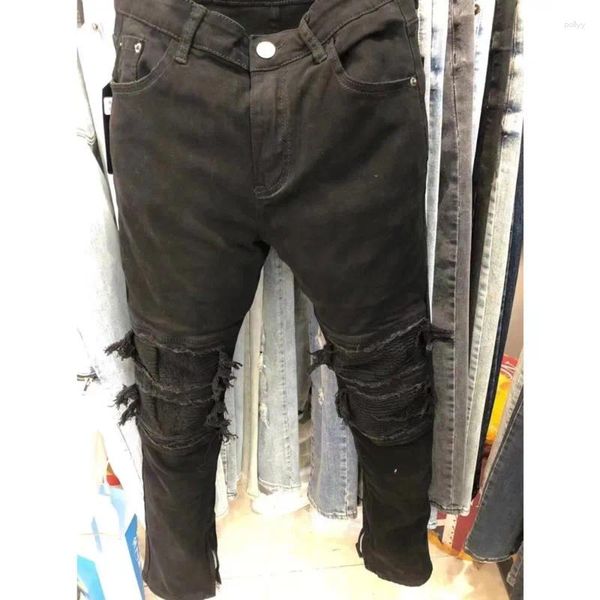 Jeans masculinos 2023 outono rasgado calças skinny homens preto plissado remendo denim jean streetwear retalhos calças estiramento noir homme