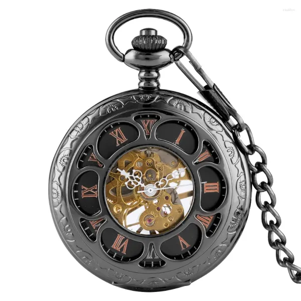 Orologi da tasca Orologio con cassa scavata a forma di girasole con catena per orologio meccanico con design a scheletro, regalo per collana da uomo e donna