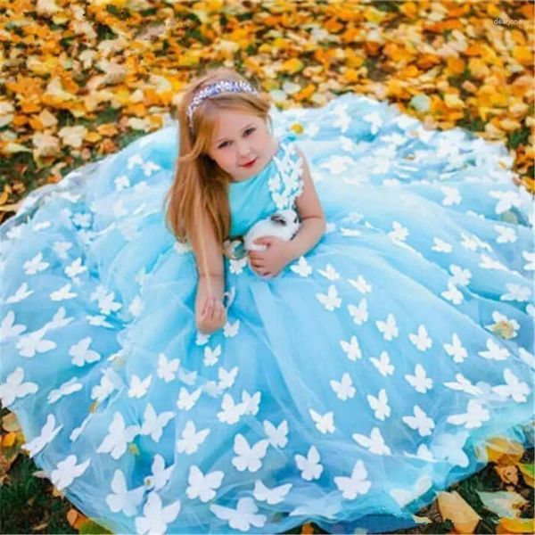 Vestidos de menina 2023 encantador azul flor meninas sem mangas jóia pescoço crianças vestidos de festa vestido de baile roupa formal com florais