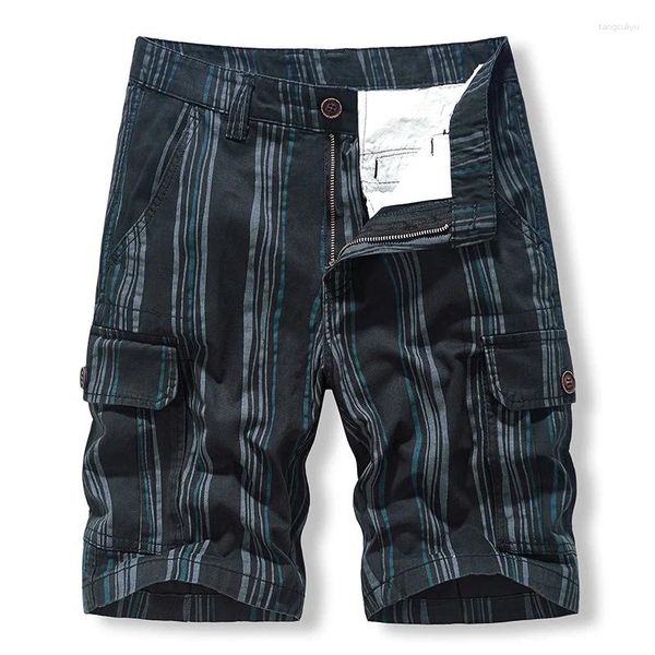 Shorts masculinos verão listrado carga curto moda ao ar livre meados de cintura na altura do joelho calça de algodão multi-bolsos workwear masculino