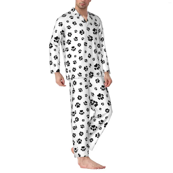 Fatos de treino masculinos Pet Padrão Conjunto de pijama de manga comprida com calças masculinas de flanela de algodão e manga comprida
