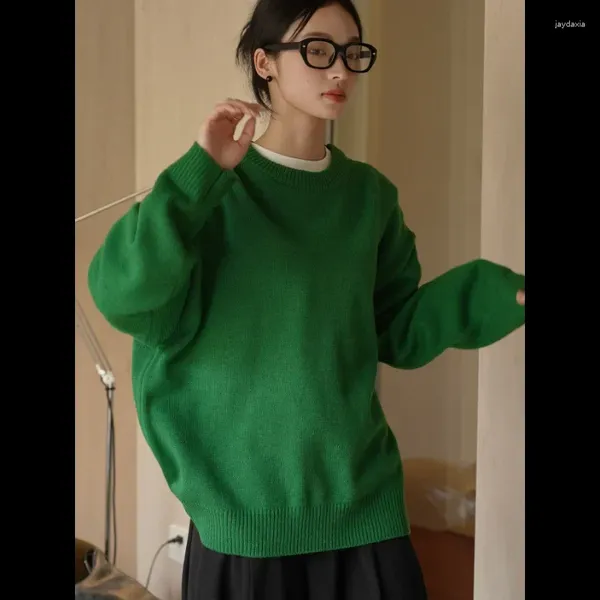 Maglioni da donna Autunno Retro Maglione lavorato a maglia di lana verde Donna Pullover larghi Stile coreano Silhouette Girocollo Top a maniche lunghe Grigio