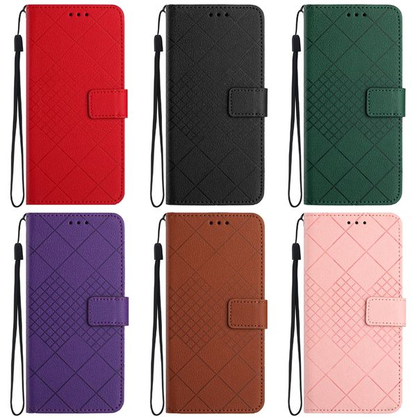 Capas de carteira de couro PU quadradas para iPhone 15 Plus 14 13 Pro Max 12 11 Fashion Cube Lines Credit ID Card Slot Holder Book Kickstand Phone Flip Cover Bolsa Strap