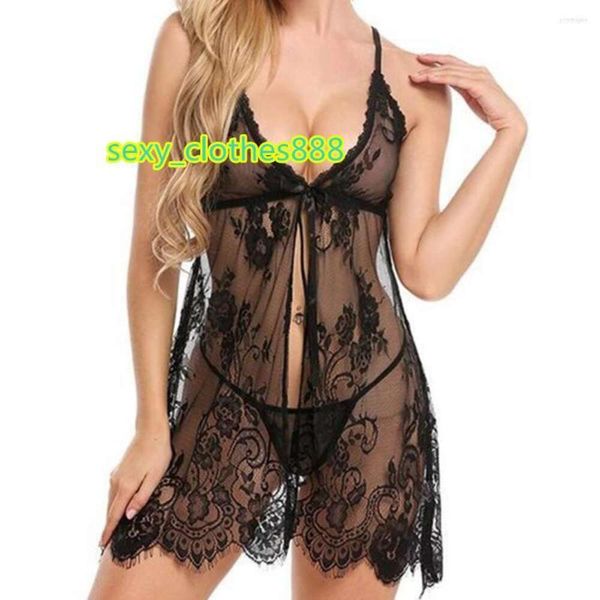 Indumenti da notte da donna Donne sexy con fiocco in pizzo Abito da notte Camicia da notte Intimo V profonda G-String Vedere attraverso Sheer Sleep Robe Babydoll