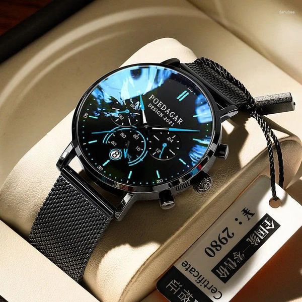 Armbanduhren Sdotter Poedagar Ultradünner Mesh-Gürtel Herrenuhren Sport Chronograph Wasserdichte Leuchtuhr für Männer Top Luxus Quarz