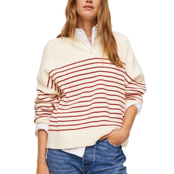 Kadın Sweaters Kadınlar Örme Stripe Baskı Kazak Gömlekler Fermuar Dönüş Dönüşü Uzun Kollu Üstler Bayanlar Renk Bloğu Gündelik Kazanma