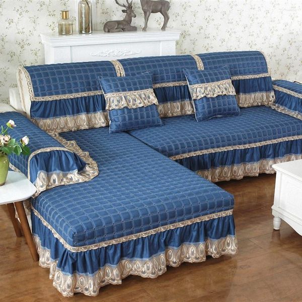 Cadeira cobre luxo azul sala de estar sofá capa de alta qualidade algodão linho renda saia móveis fronha antiderrapante slipcover