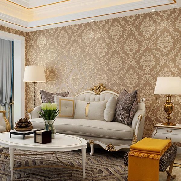 Sfondi Carta da parati damascata marrone classica 3D per la casa Carta da parati floreale di lusso Soggiorno Camera da letto TV Sfondo Decor Beige Rosso