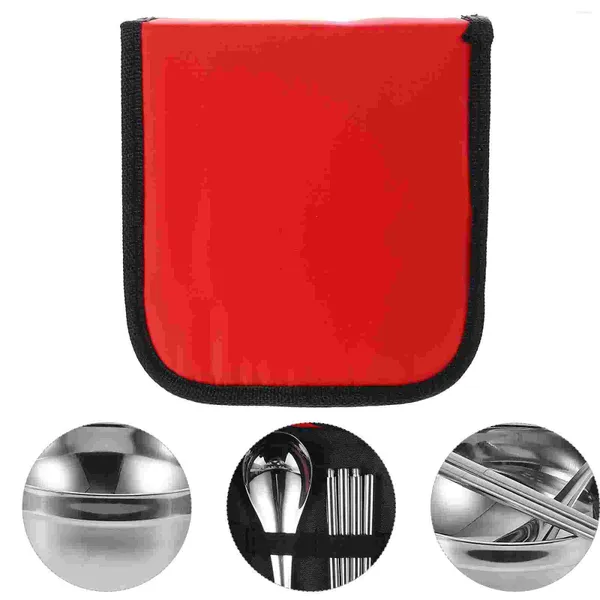Conjuntos de vajilla 1 juego Palillos y cucharas portátiles Tazones de acero inoxidable Cuchara de sopa Cubiertos de viaje con bolsa de almacenamiento Rojo