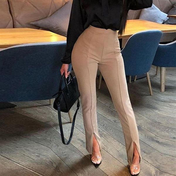 Diseños Mujeres Sexy Front Slit Lápiz Pantalones Color Sólido Cintura Alta Elegante Casual Oficina Señoras Pantalones Ajustados Ropa de Trabajo Negro Whi287O