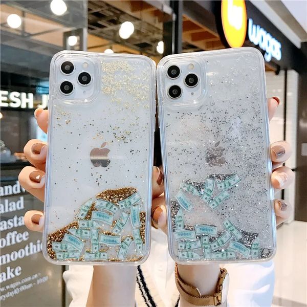 Custodia per telefono con soldi in dollari americani con sabbie mobili, glitter dinamico, per iPhone 15 14 13 12 11 Pro Max 14 15 Plus Cover