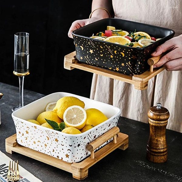 Pratos cerâmica tigela de frutas com suporte de madeira salada decorativa peça central empilhável servindo tigelas para alimentos de sopa de doces