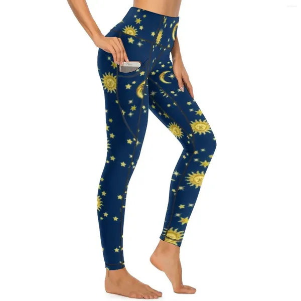 Leggings femininas glod lua sexy sol e estrelas impressão push up yoga calças novidade estiramento leggins com bolsos treino personalizado calças esportivas