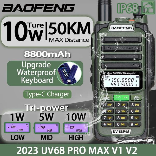 Walkie talkie baofeng uv68 pro max v2 10w ip68 à prova d'água de alta potência cb ham longo alcance portátil rádio bidirecional caça 231030