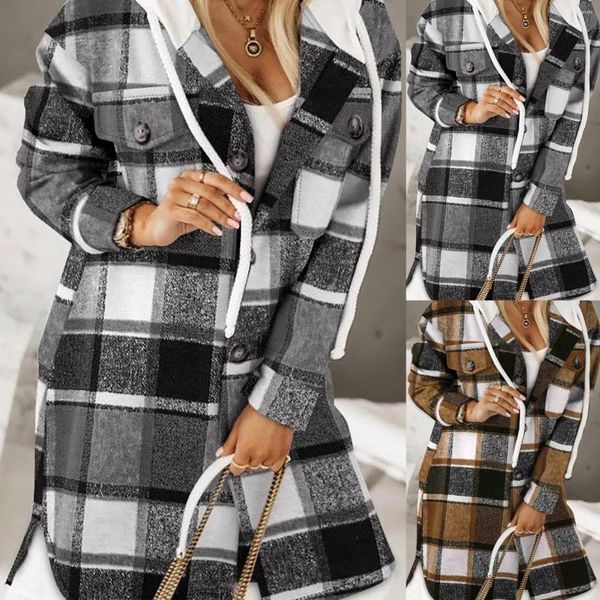 Damenjacken Herbst für Frauen Lässiger Plaid-Flanell-Langarm-Hoodie-Mantel mit Knopfleiste