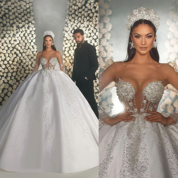 Vestidos de novia sin tirantes sexys, vestido de baile con lentejuelas brillantes, encaje, perlas, vestido de novia, vestidos hechos a medida