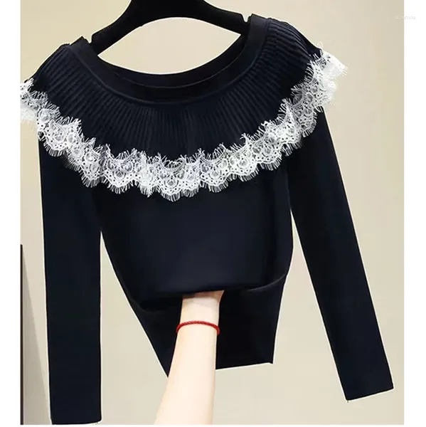 Kadın Sweaters Siyah Örme Külot Kadın Kazak Uzun Kollu Üstler Moda Dantel Trikolar Sonbahar Kış Kadın Giysileri Çekme Femme
